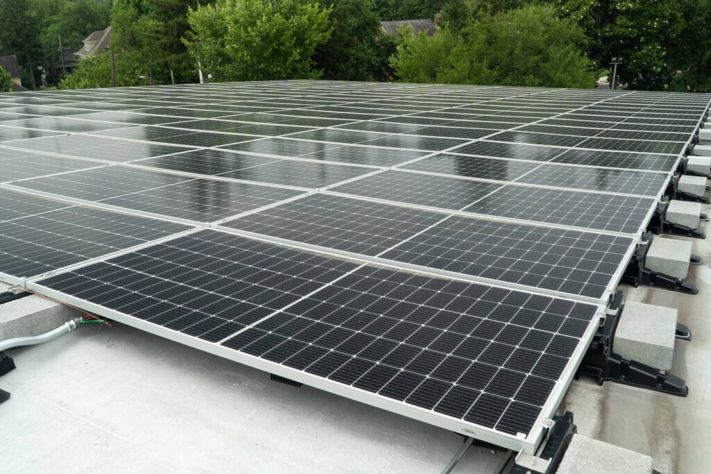 solar panel array on top of a commercial roof