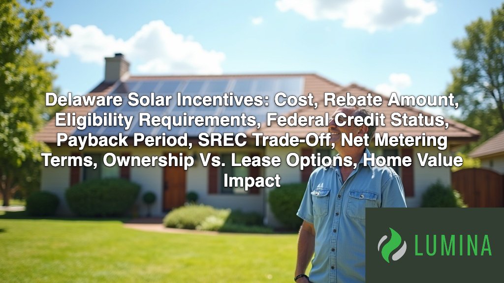 A happy homeowner admires roof panels installed through Delaware solar incentives to achieve energy independence on a page about Delaware Solar Incentives: Cost, Rebate Amount, Eligibility Requirements, Federal Credit Status, Payback Period, SREC Trade-Off, Net Metering Terms, Ownership Vs. Lease Options, Home Value Impact