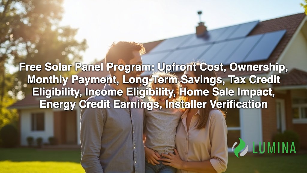 A family smiles in their yard while viewing a utility bill under a solar roof installed through a free solar panel program on a page about Free Solar Panel Program: Cost, Ownership, Savings, Contract Length, Home Sale Impact, Eligibility, Maintenance, Incentive Access, Net Metering, Sales Practices