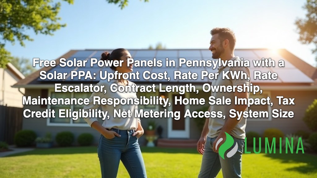 A smiling homeowner looks at a roof featuring free solar power panels in pennsylvania with a solar ppa installation on a page about Free Solar Power Panels in Pennsylvania with a Solar PPA: Upfront Cost, Rate Per KWh, Rate Escalator, Contract Length, Ownership, Maintenance Responsibility, Home Sale Impact, Tax Credit Eligibility, Net Metering Access, System Size
