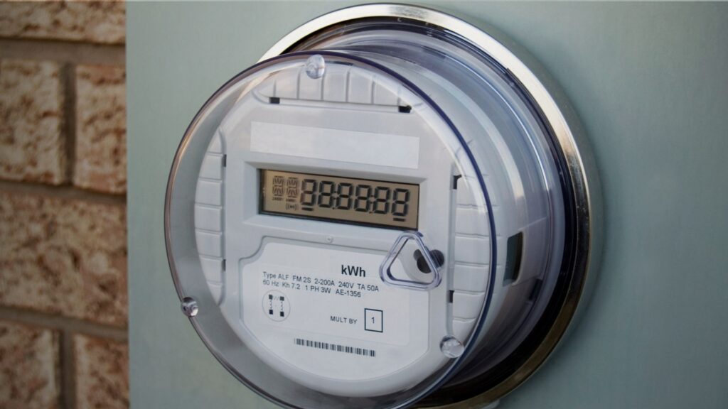 A net meter attached to a brick wall