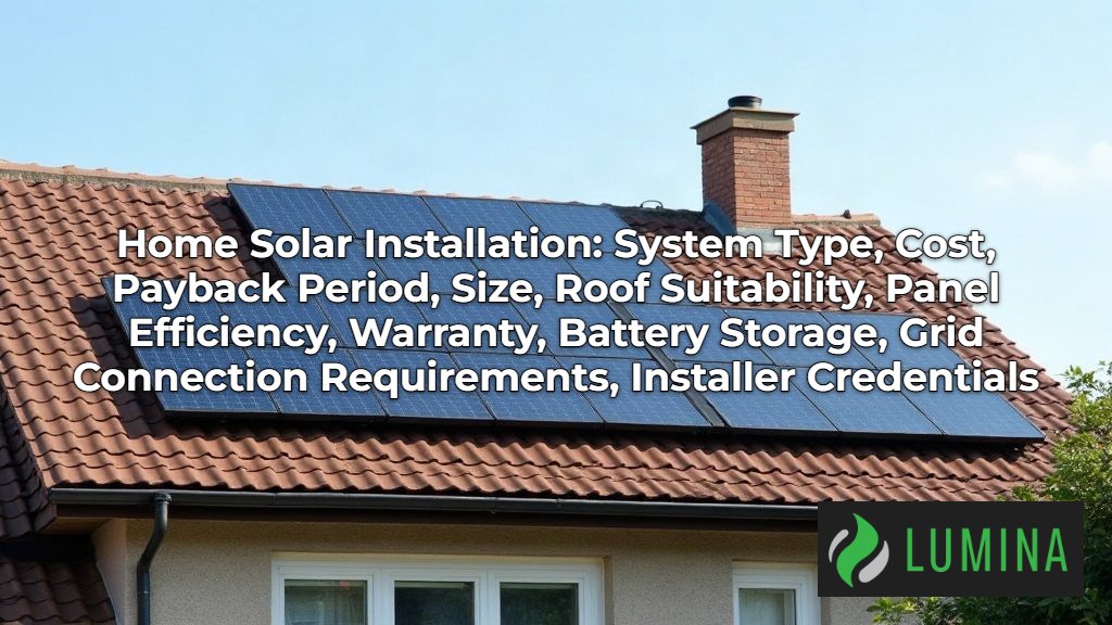 A modern home solar installation rests on a residential roof to help you determine if you should request a price quote on a page about Home Solar Installation: Cost, System Type, Size, Payback Period, Panel Efficiency, Roof Suitability, Battery Storage, Warranty, Installer Credentials, Grid Connection Requirements