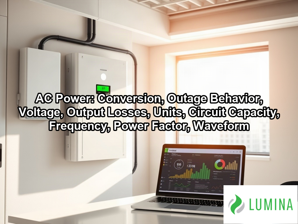 A wall-mounted solar inverter glows green to show efficient ac power conversion for powering modern office electronics on a page about AC Power: Conversion, Outage Behavior, Voltage, Output Losses, Units, Circuit Capacity, Frequency, Power Factor, Waveform