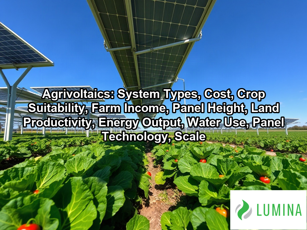 Leafy green crops thrive under elevated solar panels in an agrivoltaics system designed to balance energy and food output on a page about Agrivoltaics: System Types, Cost, Crop Suitability, Farm Income, Panel Height, Land Productivity, Energy Output, Water Use, Panel Technology, Scale