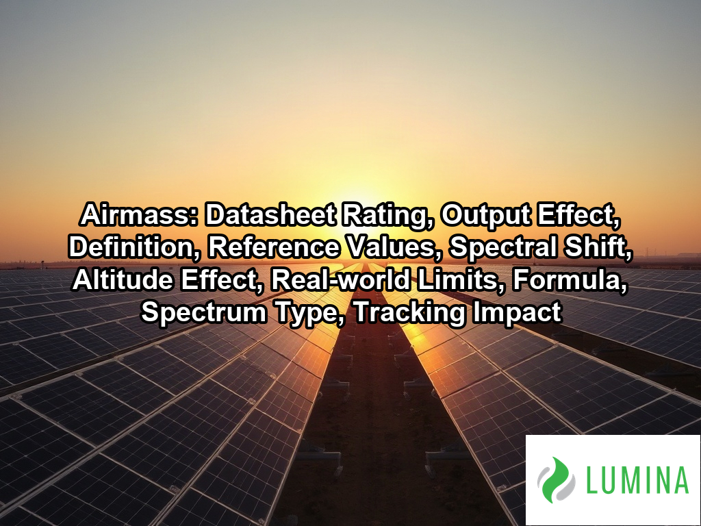 Solar panels on a roof capture sunlight as airmass dictates how much atmospheric interference affects energy production on a page about Airmass: Datasheet Rating, Output Effect, Definition, Reference Values, Spectral Shift, Altitude Effect, Real-world Limits, Formula, Spectrum Type, Tracking Impact