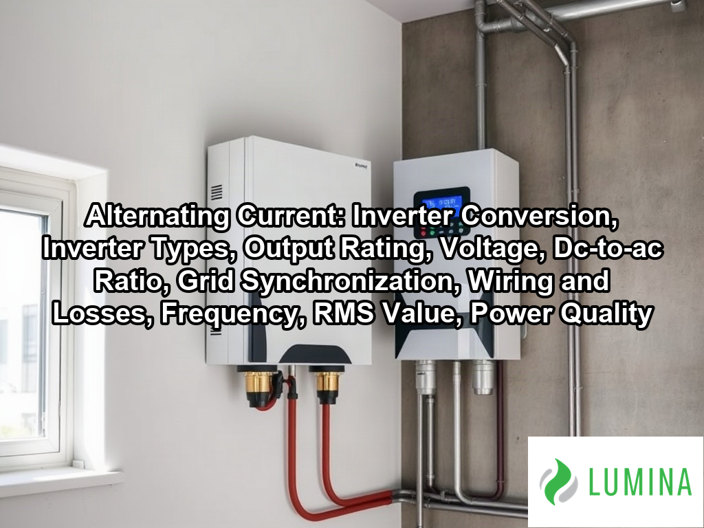 A commercial string inverter connects solar panels to the building power grid to provide usable alternating current on a page about Alternating Current: Inverter Conversion, Inverter Types, Output Rating, Voltage, Dc-to-ac Ratio, Grid Synchronization, Wiring and Losses, Frequency, RMS Value, Power Quality