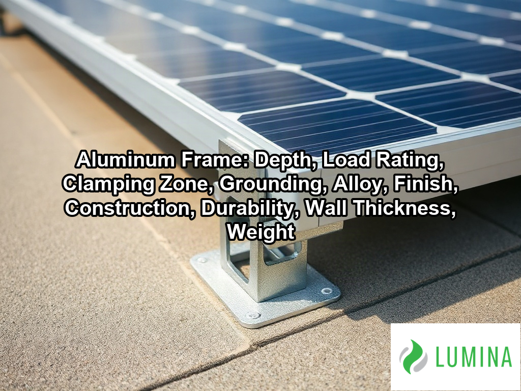 A close-up shows a solar panel mounted to a rail using a rigid aluminum frame to ensure secure and stable energy generation on a page about Aluminum Frame: Depth, Load Rating, Clamping Zone, Grounding, Alloy, Finish, Construction, Durability, Wall Thickness, Weight