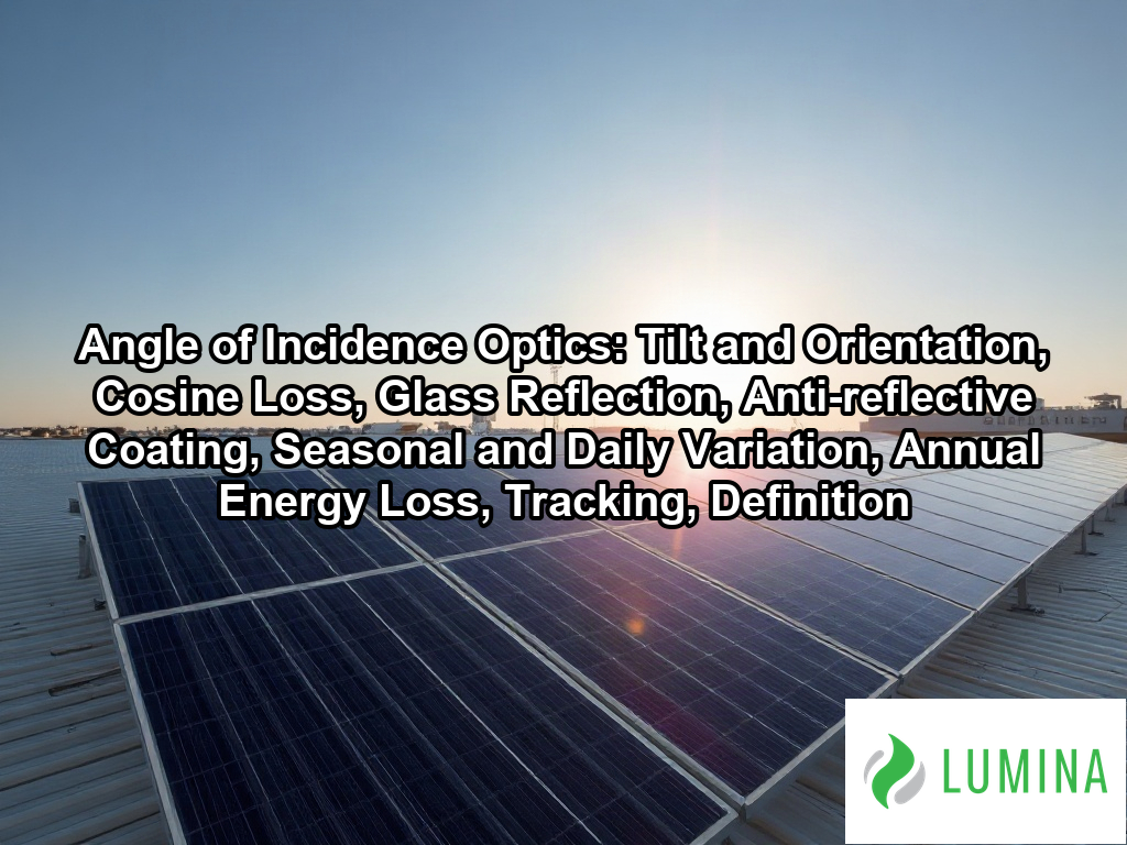 Golden sunlight hits solar panels at an angle of incidence optics optimized to maximize energy harvest on a flat roof on a page about Angle of Incidence Optics: Tilt and Orientation, Cosine Loss, Glass Reflection, Anti-reflective Coating, Seasonal and Daily Variation, Annual Energy Loss, Tracking, Definition