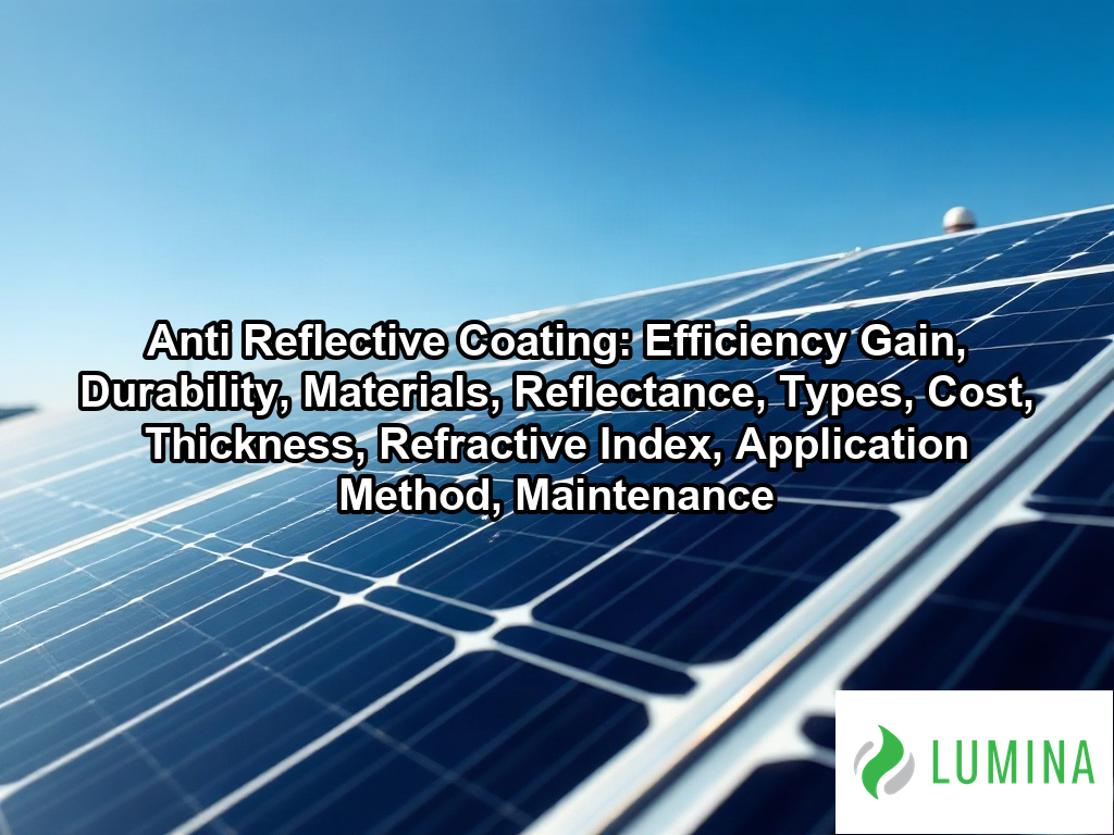 A deep blue solar panel features an anti reflective coating that traps sunlight to increase power generation efficiency on a page about Anti Reflective Coating: Efficiency Gain, Durability, Materials, Reflectance, Types, Cost, Thickness, Refractive Index, Application Method, Maintenance