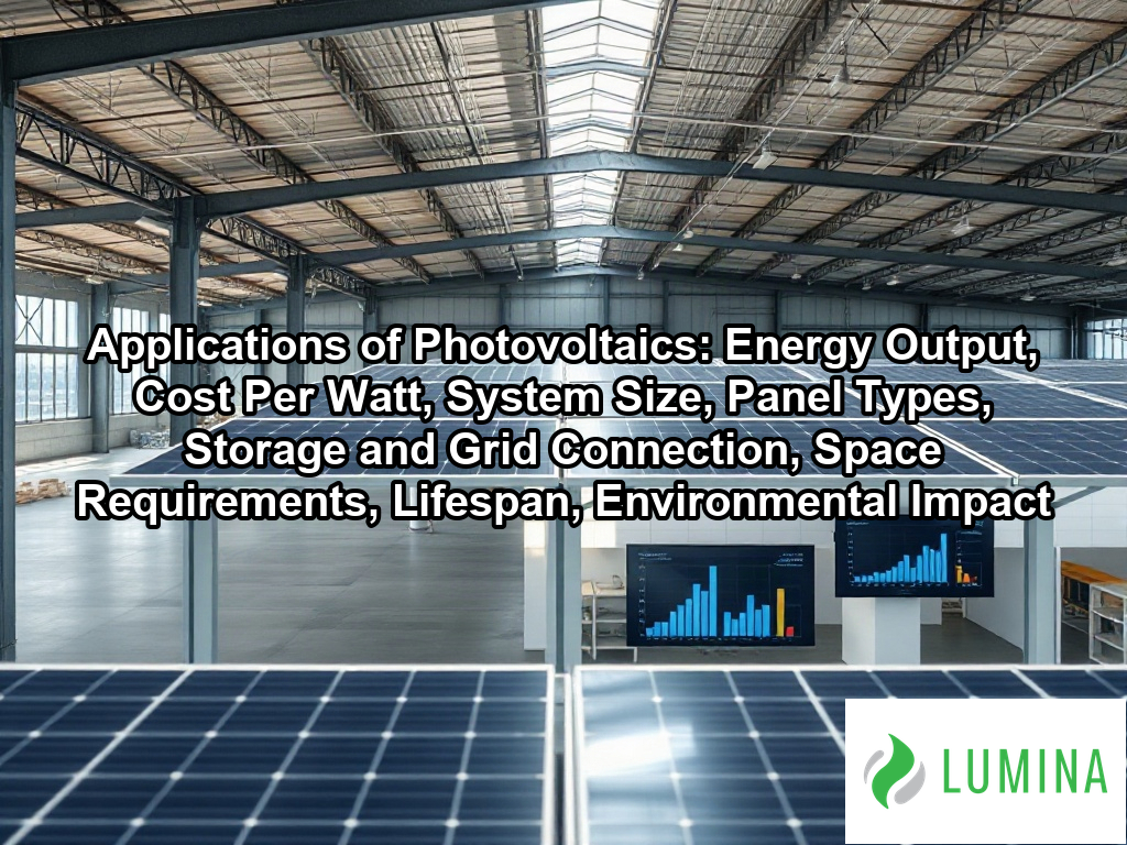 An industrial warehouse rooftop features solar panel arrays showing how large scale applications of photovoltaics provide energy on a page about Applications of Photovoltaics: Energy Output, Cost Per Watt, System Size, Panel Types, Storage and Grid Connection, Space Requirements, Lifespan, Environmental Impact