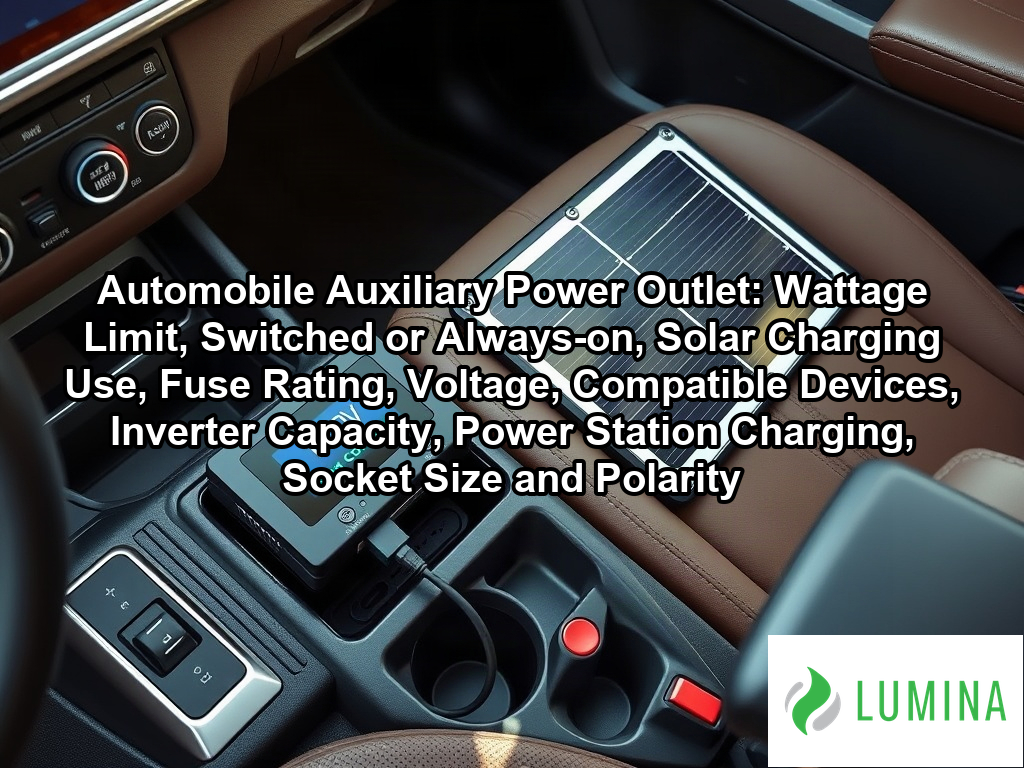 A portable solar power station charges through the automobile auxiliary power outlet inside a modern adventure SUV on a page about Automobile Auxiliary Power Outlet: Wattage Limit, Switched or Always-on, Solar Charging Use, Fuse Rating, Voltage, Compatible Devices, Inverter Capacity, Power Station Charging, Socket Size and Polarity