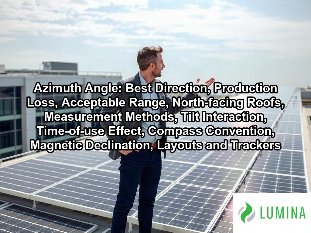 A commercial solar array is oriented toward the southern horizon to achieve the ideal azimuth angle for energy production on a page about Azimuth Angle: Best Direction, Production Loss, Acceptable Range, North-facing Roofs, Measurement Methods, Tilt Interaction, Time-of-use Effect, Compass Convention, Magnetic Declination, Layouts and Trackers