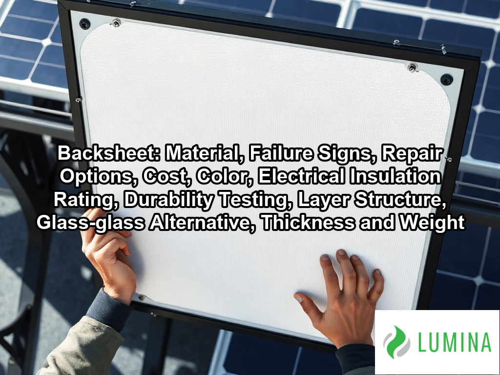 A close view of a white solar panel backsheet shows the durable protective layer that secures long-term energy production on a page about Backsheet: Material, Failure Signs, Repair Options, Cost, Color, Electrical Insulation Rating, Durability Testing, Layer Structure, Glass-glass Alternative, Thickness and Weight