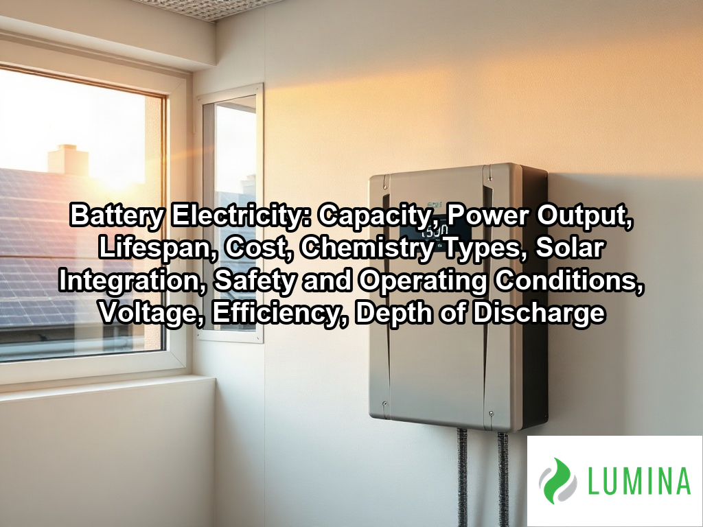 A wall mounted unit stores battery electricity generated by rooftop solar panels to power a modern home during the day on a page about Battery Electricity: Capacity, Power Output, Lifespan, Cost, Chemistry Types, Solar Integration, Safety and Operating Conditions, Voltage, Efficiency, Depth of Discharge