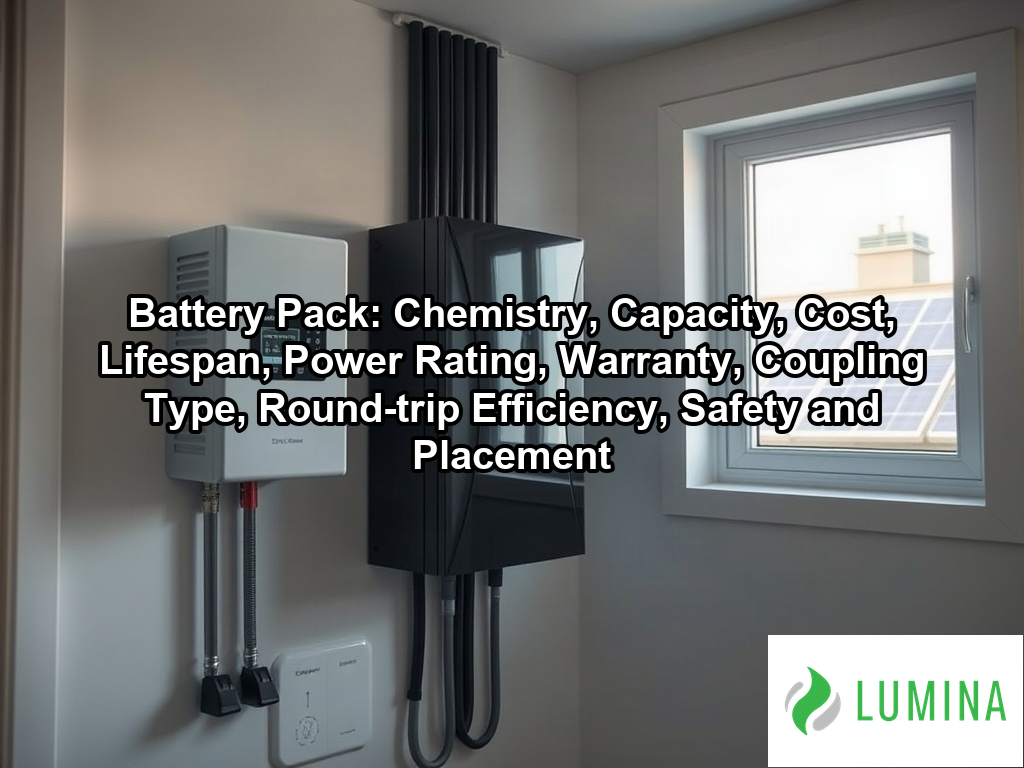 A wall-mounted battery pack stores energy from rooftop solar panels for this modern office building to ensure power on a page about Battery Pack: Chemistry, Capacity, Cost, Lifespan, Power Rating, Warranty, Coupling Type, Round-trip Efficiency, Safety and Placement