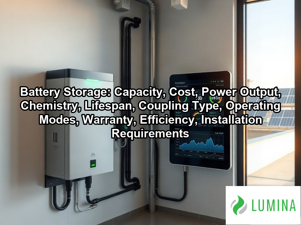 A wall-mounted battery storage unit in a bright utility room shows a full charge to support a solar panel energy system on a page about Battery Storage: Capacity, Cost, Power Output, Chemistry, Lifespan, Coupling Type, Operating Modes, Warranty, Efficiency, Installation Requirements