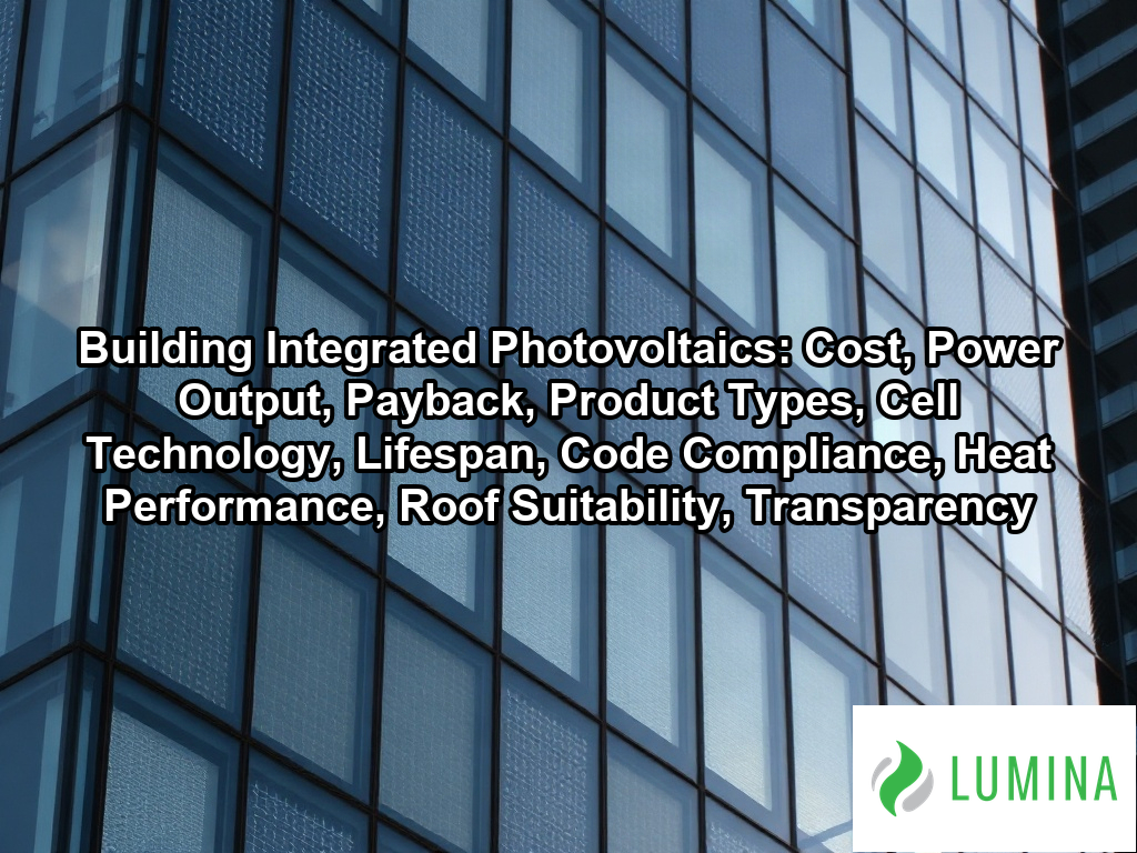 A modern office building uses building integrated photovoltaics in its facade to generate clean solar energy efficiently on a page about Building Integrated Photovoltaics: Cost, Power Output, Payback, Product Types, Cell Technology, Lifespan, Code Compliance, Heat Performance, Roof Suitability, Transparency