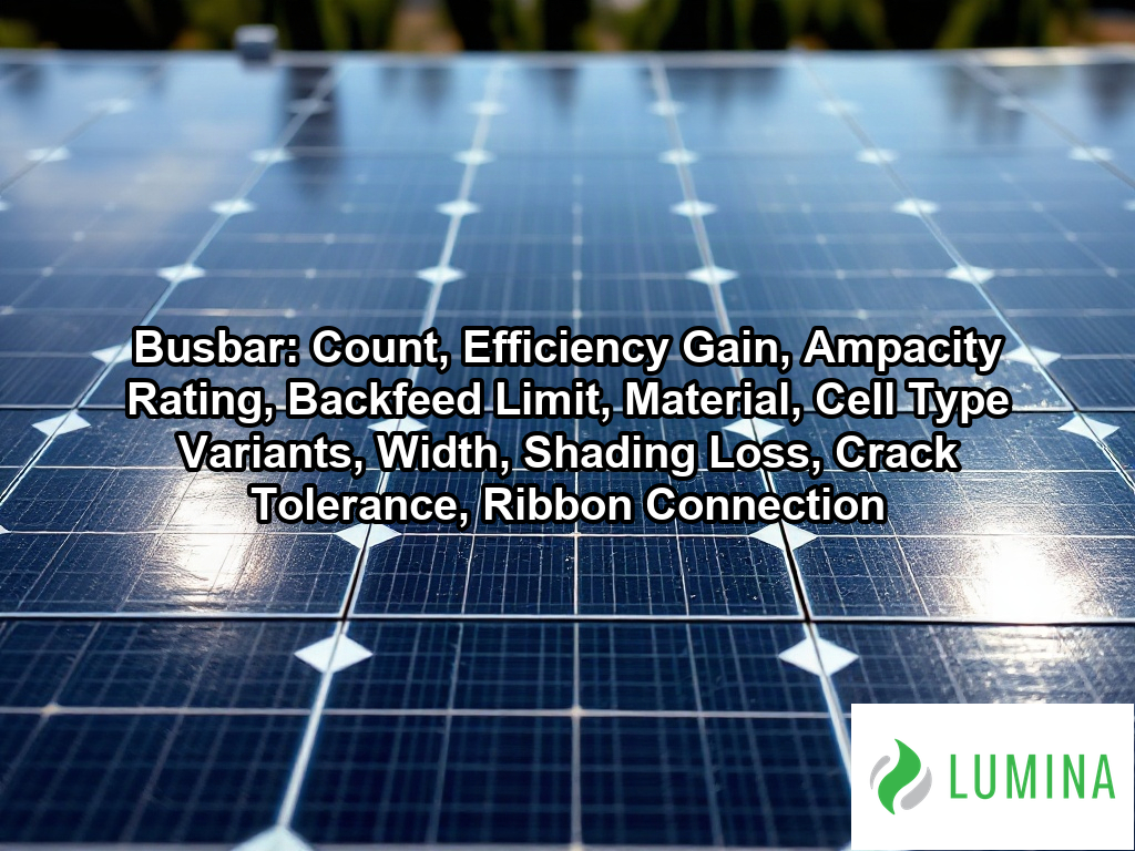 Silver busbar strips run across a modern solar panel array to show how they collect energy for efficient power generation on a page about Busbar: Count, Efficiency Gain, Ampacity Rating, Backfeed Limit, Material, Cell Type Variants, Width, Shading Loss, Crack Tolerance, Ribbon Connection