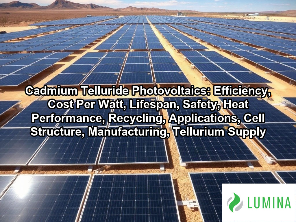 Rows of dark cadmium telluride photovoltaics stretch across a utility-scale solar farm to generate clean renewable energy on a page about Cadmium Telluride Photovoltaics: Efficiency, Cost Per Watt, Lifespan, Safety, Heat Performance, Recycling, Applications, Cell Structure, Manufacturing, Tellurium Supply