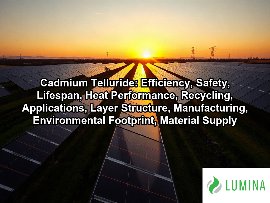 A sleek cadmium telluride solar panel reflects morning sunlight on a utility farm to show high-efficiency energy capture on a page about Cadmium Telluride: Efficiency, Safety, Lifespan, Heat Performance, Recycling, Applications, Layer Structure, Manufacturing, Environmental Footprint, Material Supply