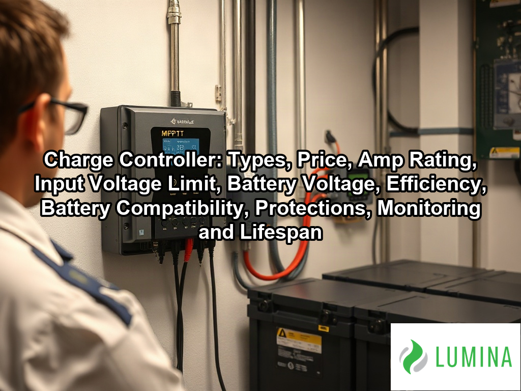 A wall mounted charge controller monitors solar panels from a technical room to ensure safe battery power management on a page about Charge Controller: Types, Price, Amp Rating, Input Voltage Limit, Battery Voltage, Efficiency, Battery Compatibility, Protections, Monitoring and Lifespan