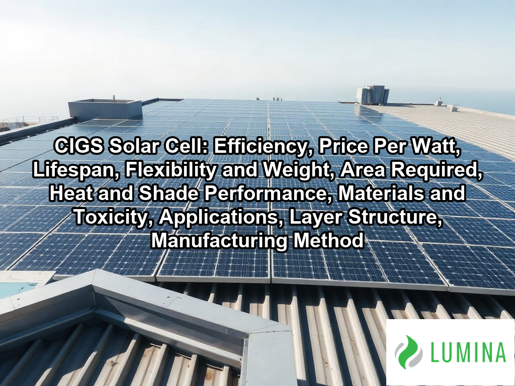 A flexible CIGS solar cell panel conforms to a curved rooftop to show how thin-film technology generates clean energy on a page about CIGS Solar Cell: Efficiency, Price Per Watt, Lifespan, Flexibility and Weight, Area Required, Heat and Shade Performance, Materials and Toxicity, Applications, Layer Structure, Manufacturing Method