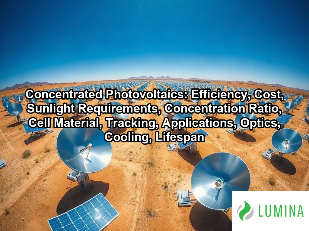 Rows of concentrated photovoltaics use curved lenses in an arid solar plant to generate power more efficiently than panels on a page about Concentrated Photovoltaics: Efficiency, Cost, Sunlight Requirements, Concentration Ratio, Cell Material, Tracking, Applications, Optics, Cooling, Lifespan