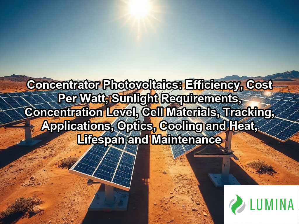 Rows of trackers use concentrator photovoltaics in this desert solar farm to maximize energy output from sunlight on a page about Concentrator Photovoltaics: Efficiency, Cost Per Watt, Sunlight Requirements, Concentration Level, Cell Materials, Tracking, Applications, Optics, Cooling and Heat, Lifespan and Maintenance