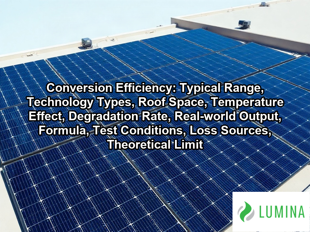 A dense grid of monocrystalline solar panels on a commercial roof captures sunlight to maximize conversion efficiency on a page about Conversion Efficiency: Typical Range, Technology Types, Roof Space, Temperature Effect, Degradation Rate, Real-world Output, Formula, Test Conditions, Loss Sources, Theoretical Limit