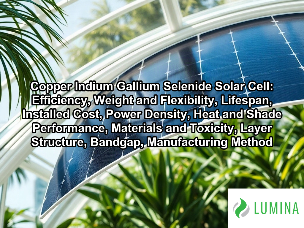 A flexible copper indium gallium selenide solar cell conforms to a curved roof to provide efficient solar power generation on a page about Copper Indium Gallium Selenide Solar Cell: Efficiency, Weight and Flexibility, Lifespan, Installed Cost, Power Density, Heat and Shade Performance, Materials and Toxicity, Layer Structure, Bandgap, Manufacturing Method