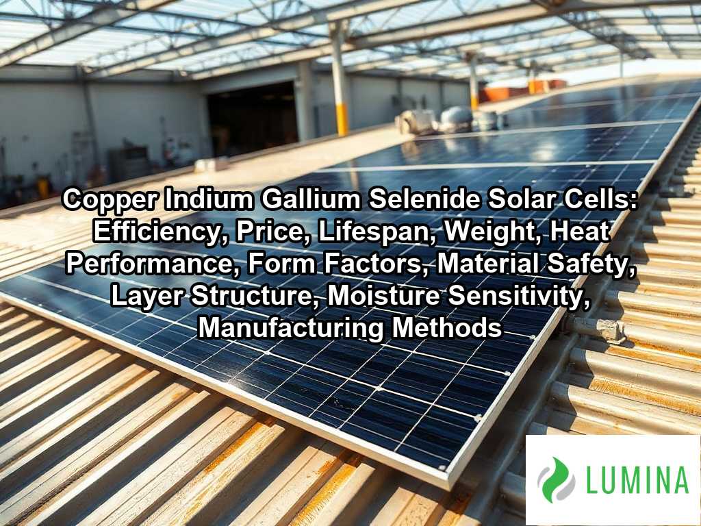A sleek modern office building features integrated copper indium gallium selenide solar cells to generate clean energy on a page about Copper Indium Gallium Selenide Solar Cells: Efficiency, Price, Lifespan, Weight, Heat Performance, Form Factors, Material Safety, Layer Structure, Moisture Sensitivity, Manufacturing Methods
