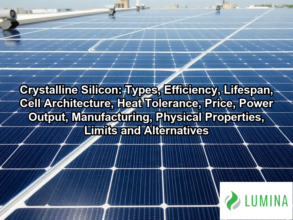 A close up of crystalline silicon solar cells on a rooftop showing their diamond grain structure for energy efficiency on a page about Crystalline Silicon: Types, Efficiency, Lifespan, Cell Architecture, Heat Tolerance, Price, Power Output, Manufacturing, Physical Properties, Limits and Alternatives