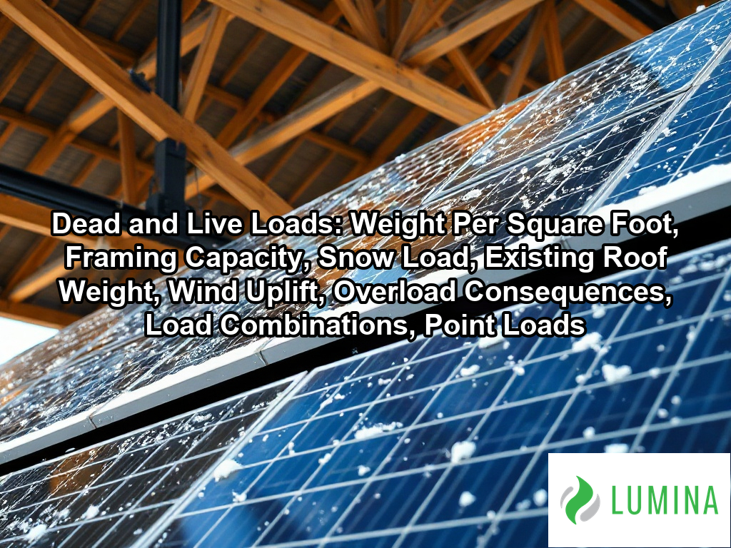 An engineer checks solar mounting systems on a roof to ensure dead and live loads remain safe for solar panel installation on a page about Dead and Live Loads: Weight Per Square Foot, Framing Capacity, Snow Load, Existing Roof Weight, Wind Uplift, Overload Consequences, Load Combinations, Point Loads