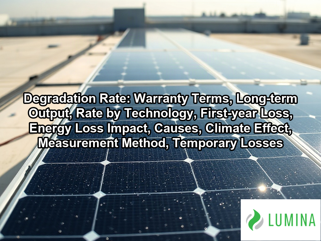An engineer monitors a solar farm output graph to track how the degradation rate impacts total energy production over time on a page about Degradation Rate: Warranty Terms, Long-term Output, Rate by Technology, First-year Loss, Energy Loss Impact, Causes, Climate Effect, Measurement Method, Temporary Losses
