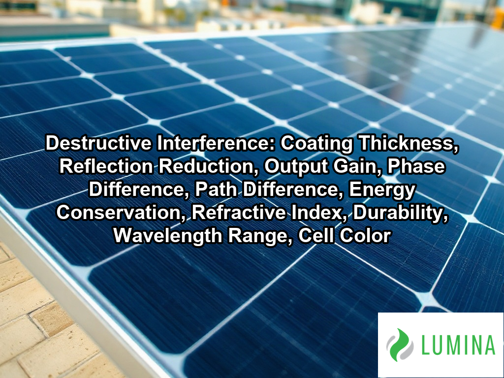 The deep blue anti-reflective coating on this solar panel uses destructive interference to capture light for efficiency on a page about Destructive Interference: Coating Thickness, Reflection Reduction, Output Gain, Phase Difference, Path Difference, Energy Conservation, Refractive Index, Durability, Wavelength Range, Cell Color