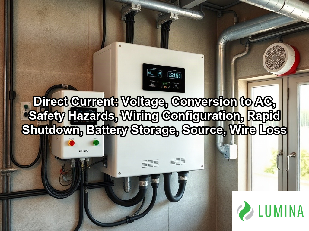A modern inverter converts direct current from rooftop solar panels into usable power inside a clean utility room on a page about Direct Current: Voltage, Conversion to AC, Safety Hazards, Wiring Configuration, Rapid Shutdown, Battery Storage, Source, Wire Loss