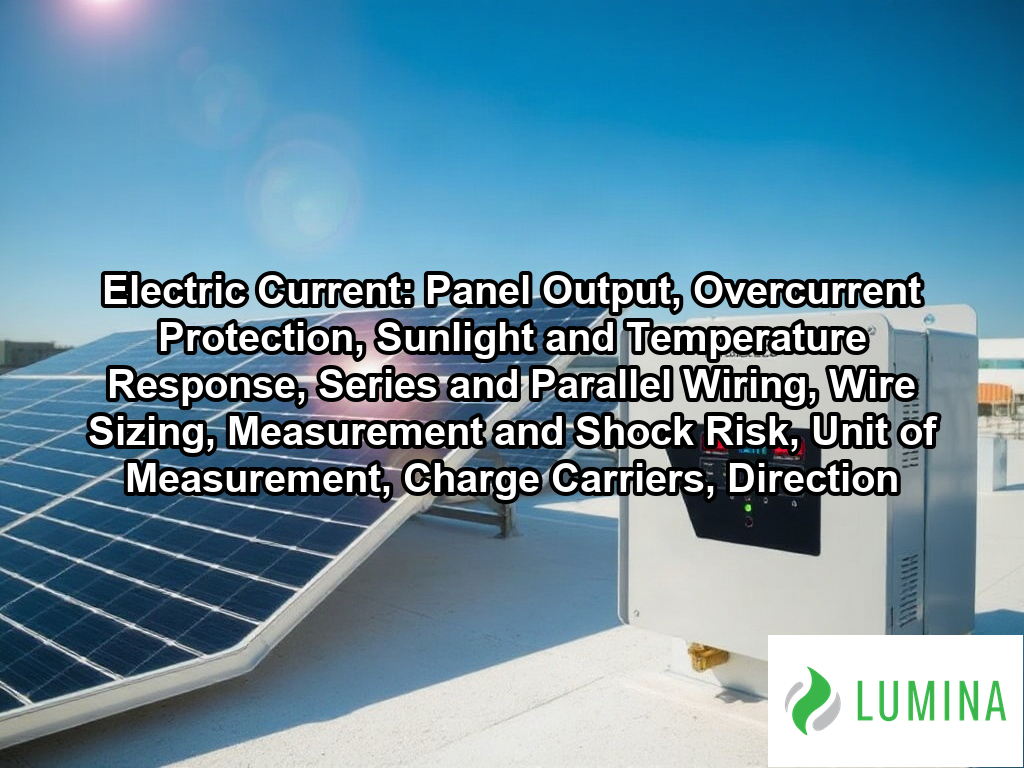A modern solar inverter on an industrial wall manages the electric current flowing from solar panels to the facility on a page about Electric Current: Panel Output, Overcurrent Protection, Sunlight and Temperature Response, Series and Parallel Wiring, Wire Sizing, Measurement and Shock Risk, Unit of Measurement, Charge Carriers, Direction