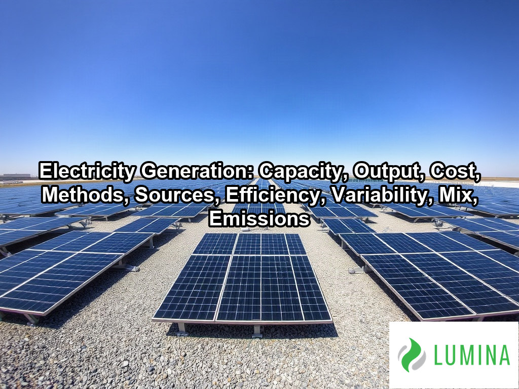 An engineer monitors real-time electricity generation metrics inside a facility overlooking a field of solar panels on a page about Electricity Generation: Capacity, Output, Cost, Methods, Sources, Efficiency, Variability, Mix, Emissions
