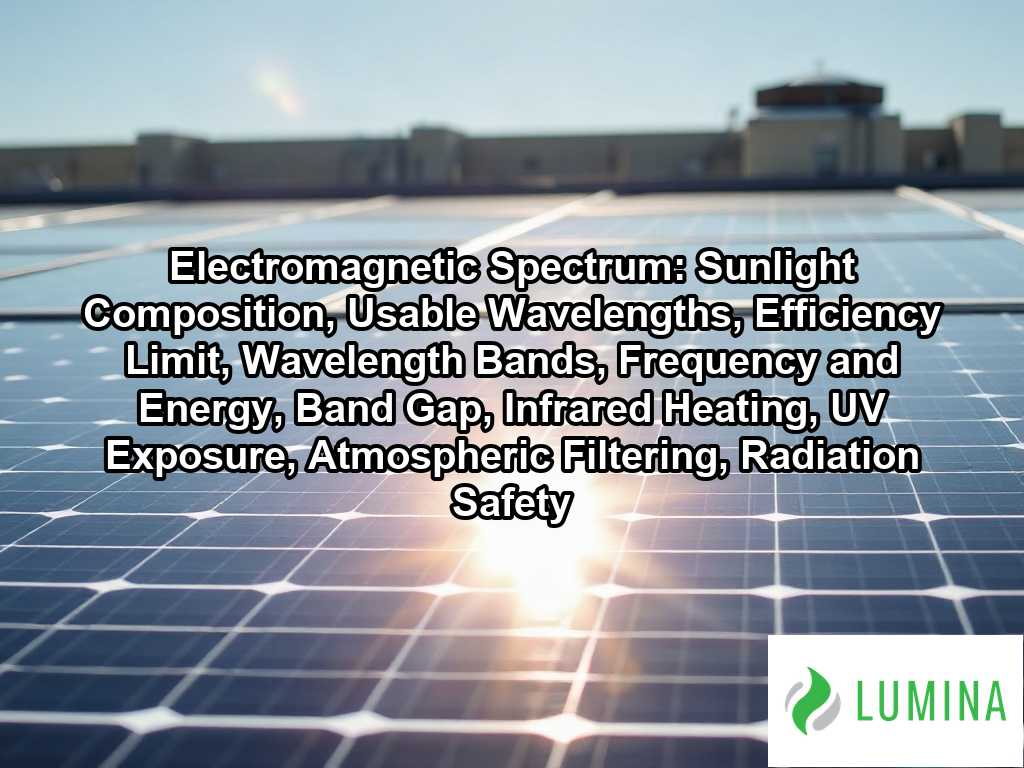 Sunlight strikes solar panels on a rooftop while an electromagnetic spectrum overlay shows how waves generate clean energy on a page about Electromagnetic Spectrum: Sunlight Composition, Usable Wavelengths, Efficiency Limit, Wavelength Bands, Frequency and Energy, Band Gap, Infrared Heating, UV Exposure, Atmospheric Filtering, Radiation Safety