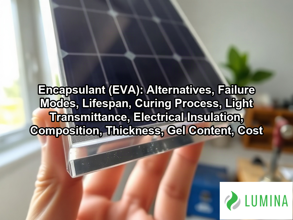 A translucent sheet of encapsulant (eva) is positioned over blue solar cells to protect the panel during assembly on a page about Encapsulant (EVA): Alternatives, Failure Modes, Lifespan, Curing Process, Light Transmittance, Electrical Insulation, Composition, Thickness, Gel Content, Cost