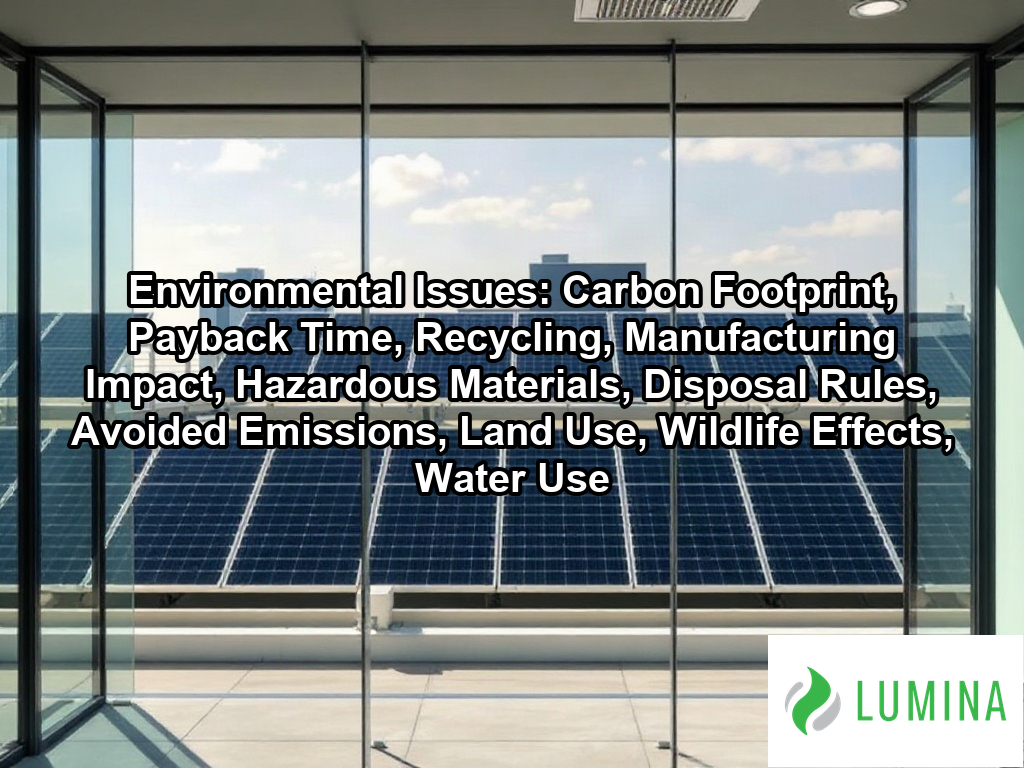 A professional observes how solar panels on an office roof address environmental issues by clean energy adoption on a page about Environmental Issues: Carbon Footprint, Payback Time, Recycling, Manufacturing Impact, Hazardous Materials, Disposal Rules, Avoided Emissions, Land Use, Wildlife Effects, Water Use