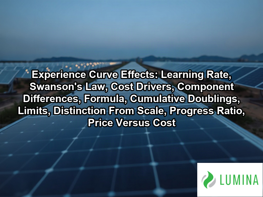 Utility solar panels stretch across a field to illustrate how experience curve effects make clean energy more affordable on a page about Experience Curve Effects: Learning Rate, Swanson's Law, Cost Drivers, Component Differences, Formula, Cumulative Doublings, Limits, Distinction From Scale, Progress Ratio, Price Versus Cost