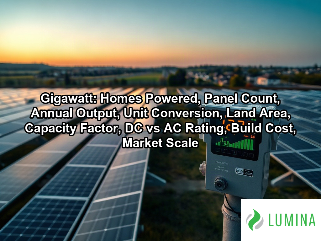 A sunset illuminates a massive solar farm as a data dashboard highlights the immense energy capacity of a gigawatt on a page about Gigawatt: Homes Powered, Panel Count, Annual Output, Unit Conversion, Land Area, Capacity Factor, DC vs AC Rating, Build Cost, Market Scale