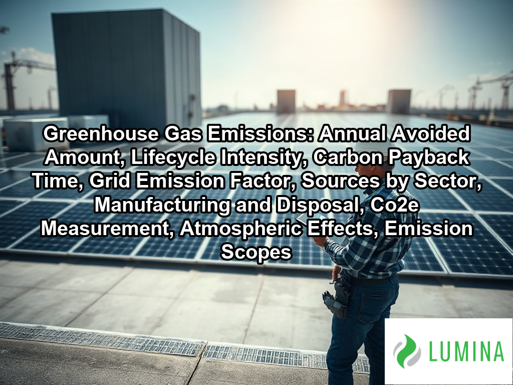 Rows of solar panels at an industrial site demonstrate how clean energy generation actively reduces greenhouse gas emissions on a page about Greenhouse Gas Emissions: Annual Avoided Amount, Lifecycle Intensity, Carbon Payback Time, Grid Emission Factor, Sources by Sector, Manufacturing and Disposal, Co2e Measurement, Atmospheric Effects, Emission Scopes