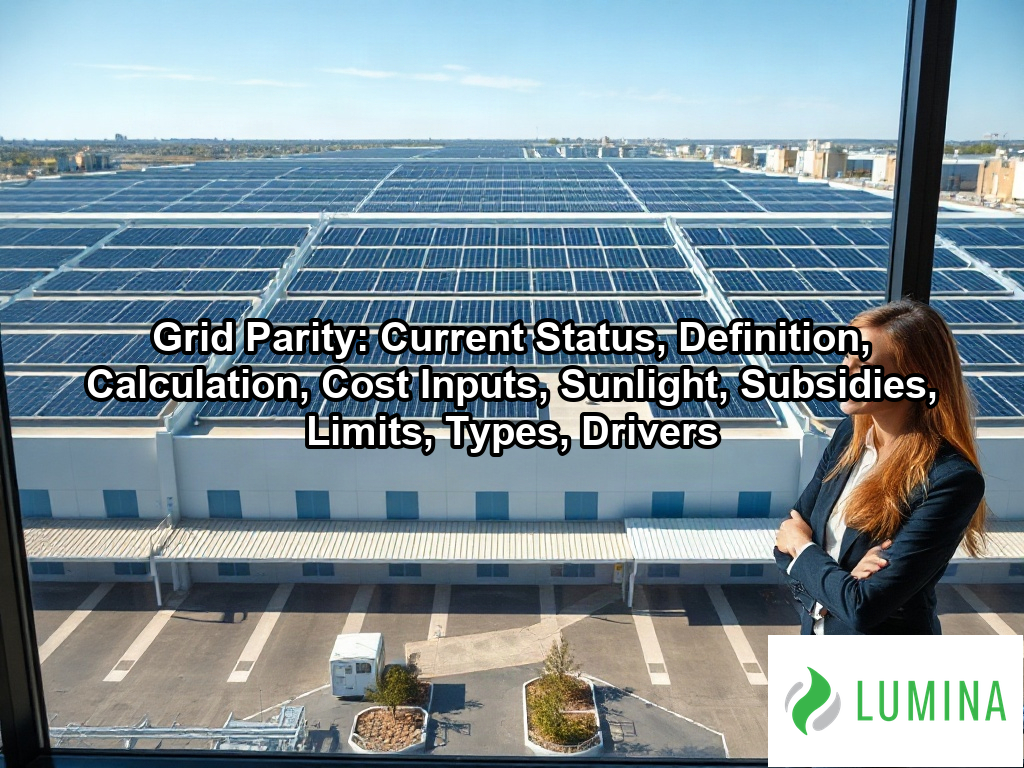 A solar farm operator monitors data showing that renewable energy costs have reached grid parity with traditional power on a page about Grid Parity: Current Status, Definition, Calculation, Cost Inputs, Sunlight, Subsidies, Limits, Types, Drivers
