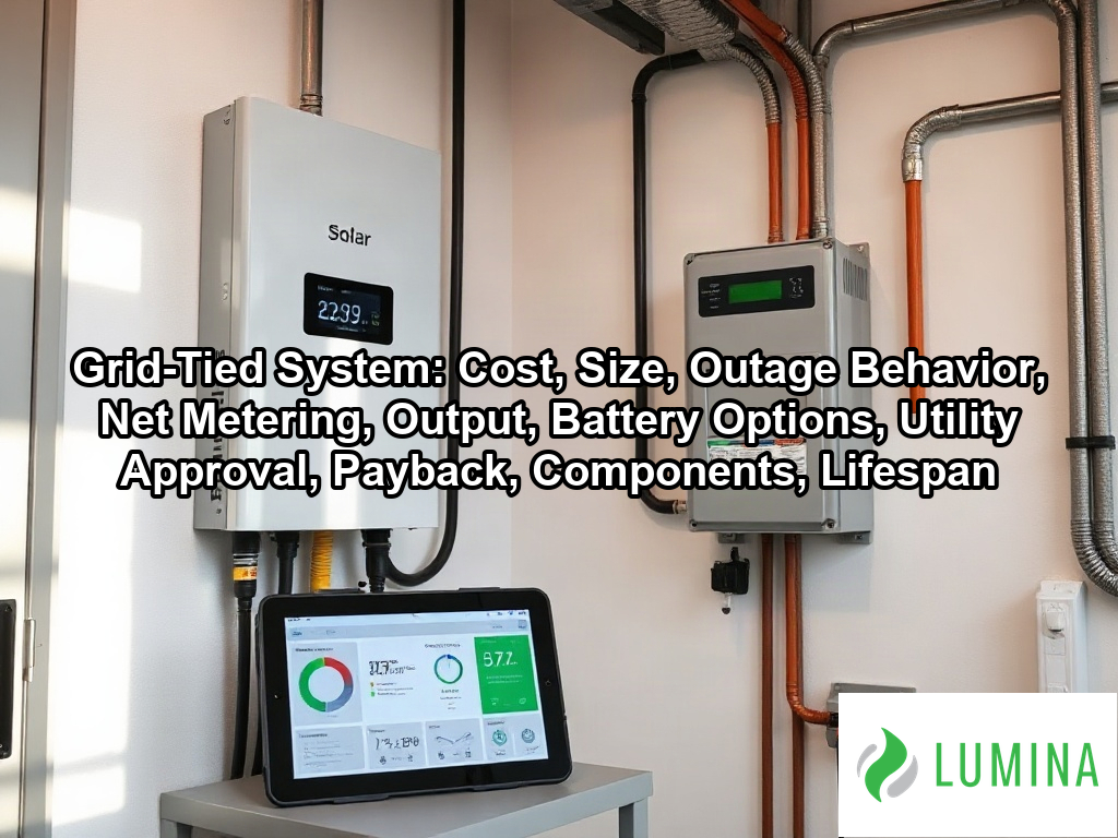 A sleek solar inverter sits beside a service panel to show how a grid-tied system converts solar energy for home use on a page about Grid-Tied System: Cost, Size, Outage Behavior, Net Metering, Output, Battery Options, Utility Approval, Payback, Components, Lifespan