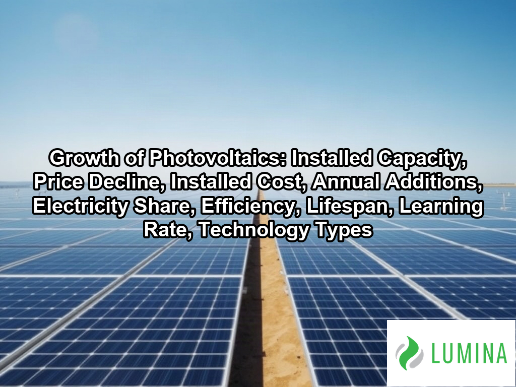 A vast solar farm demonstrates the rapid growth of photovoltaics by showing how industrial panels harness energy globally on a page about Growth of Photovoltaics: Installed Capacity, Price Decline, Installed Cost, Annual Additions, Electricity Share, Efficiency, Lifespan, Learning Rate, Technology Types