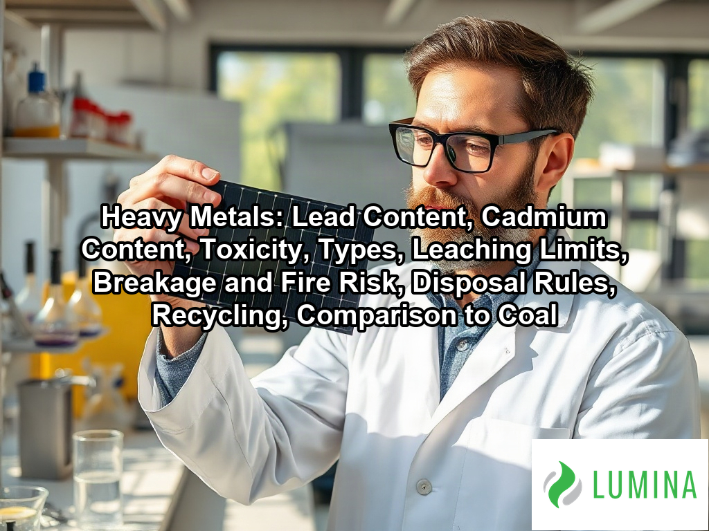 A lab technician examines the internal metallic circuitry of a solar panel to assess how heavy metals affect module safety on a page about Heavy Metals: Lead Content, Cadmium Content, Toxicity, Types, Leaching Limits, Breakage and Fire Risk, Disposal Rules, Recycling, Comparison to Coal