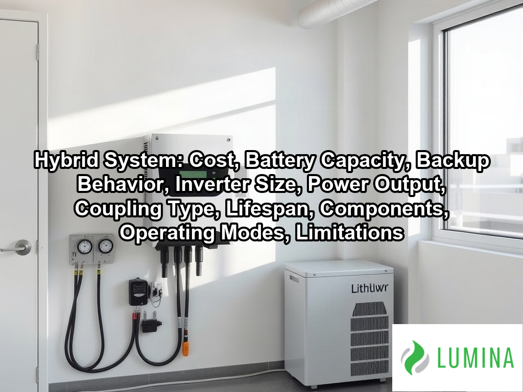 A sleek lithium battery bank and inverter operate within a hybrid system that stores solar energy for consistent power on a page about Hybrid System: Cost, Battery Capacity, Backup Behavior, Inverter Size, Power Output, Coupling Type, Lifespan, Components, Operating Modes, Limitations