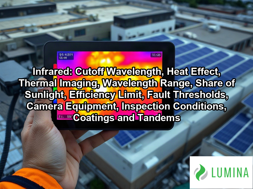 A technician holds a tablet displaying an infrared thermal map to identify energy efficiency issues on solar panels on a page about Infrared: Cutoff Wavelength, Heat Effect, Thermal Imaging, Wavelength Range, Share of Sunlight, Efficiency Limit, Fault Thresholds, Camera Equipment, Inspection Conditions, Coatings and Tandems